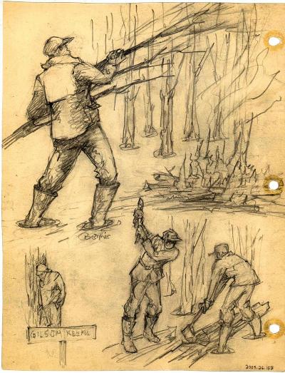 men dragging wood