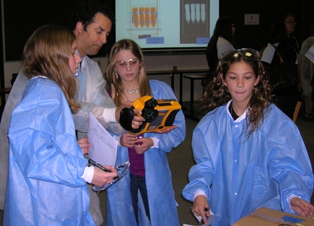 Girls learning how to use imaging tools to see inside a cardboard box.