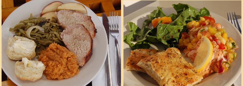 Two entrees: Herb-crusted Roast Pork or Poached Salmon with Mango Chutney