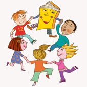 children dancing with book