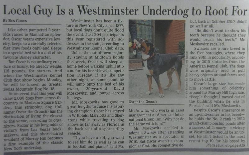 Oscar was featured in a front page spread in the Wall Street Journal