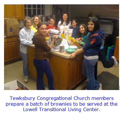 Tewksbury Congregational Church members prepare a batch of brownies.
