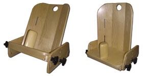 Wooden adjustable corner seat shown in two positions.