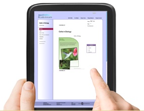 Finger on tablet device using Bookstream. 