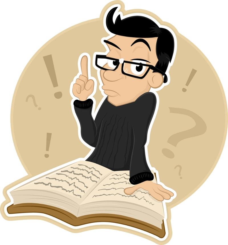 Cartoon of a man with glasses consulting a book and holding up one finger.