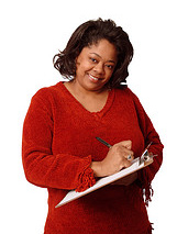 lady in red with a pen and pad of paper