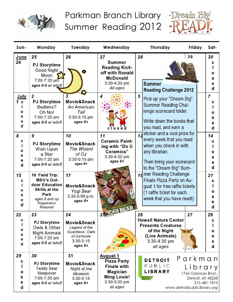 Parkman Branch Summer Reading Calendar