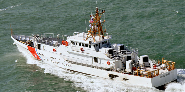 The first Fast Response Cutter, Bernard C. Webber, gets underway off the coast of Grand Isle, La