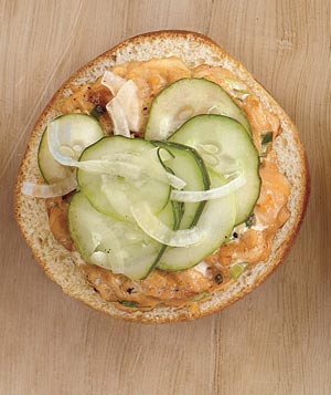salmon burgers/pickled cukes