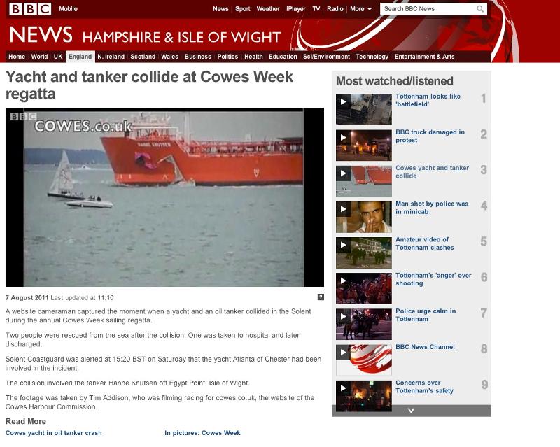BBC website reports Cowes tanker collision