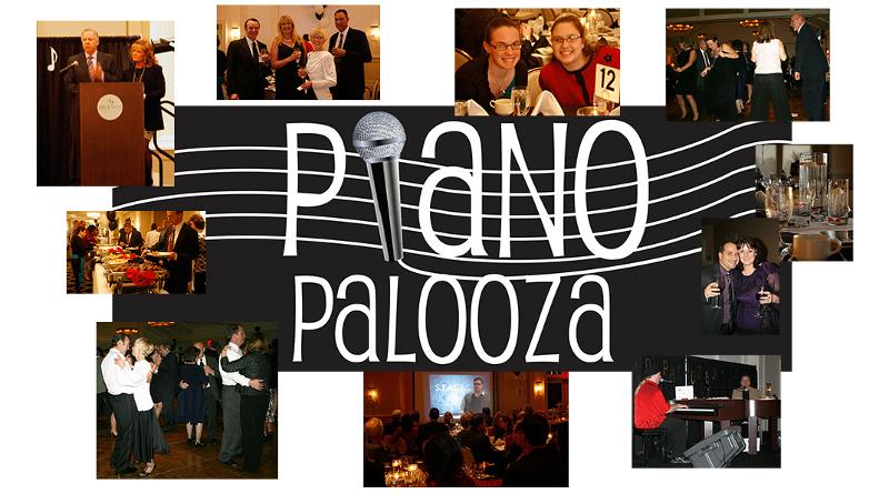 Piano Palooza logo with multiple pictures of attendees surrounding the logo.