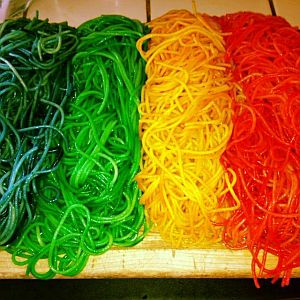 rainbow colored cooked spaghetti for a messy activity