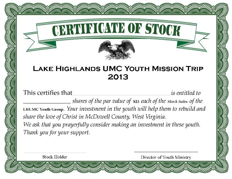 Stock Certificate ~ youth mission trip
