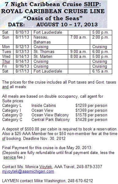 Laymen Cruise 2013 Itinerary