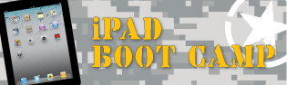 iPAD Boot Camp logo, showing an iPad against a camouflage background. 