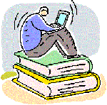 A person sitting perched on a stack of books holding a laptop. 