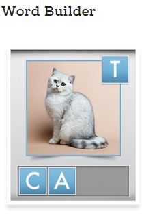 Word Builder Bitsboard game screen shot shows photo of cat with letters to place. 