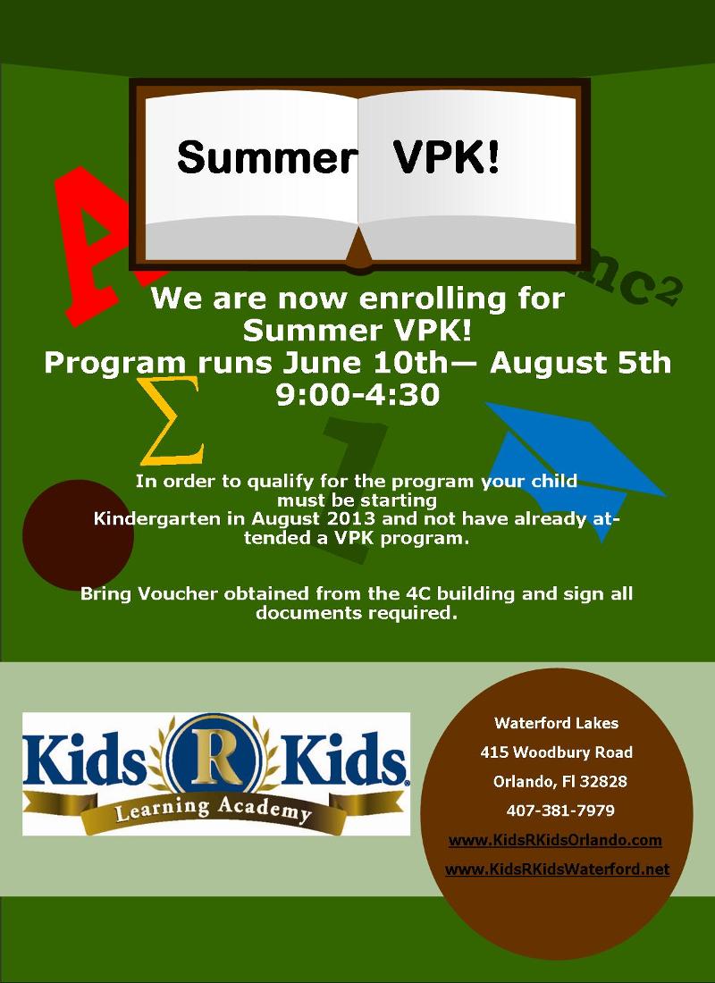 Enroll for Summer VPK Program runs June 10th-August 5th