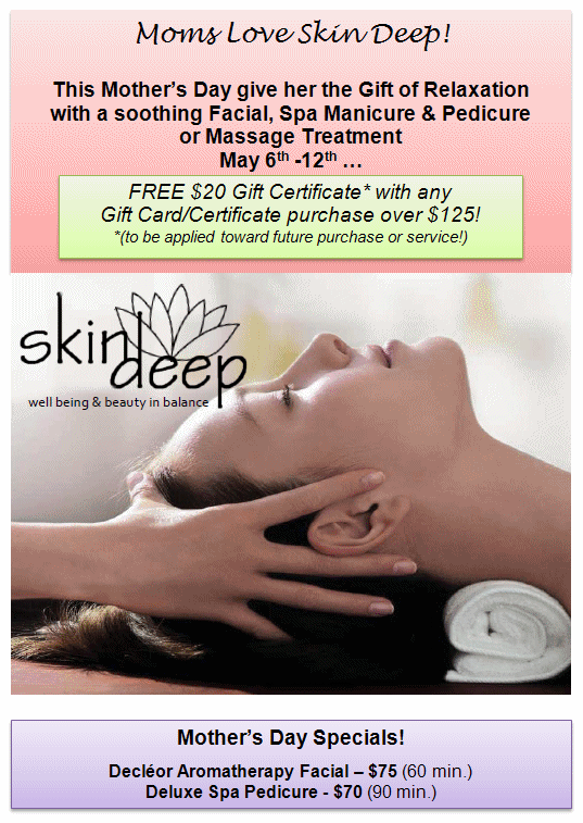 This Mother's Day give her the Gift of Relaxation  with a soothing Facial, Spa Manicure & Pedicure  or Massage Treatment