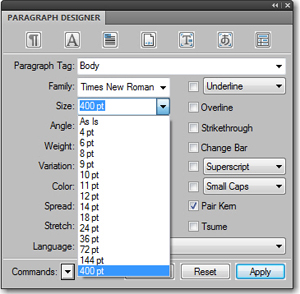 Adobe FrameMaker: Font Size list after editing the maker.ini file.