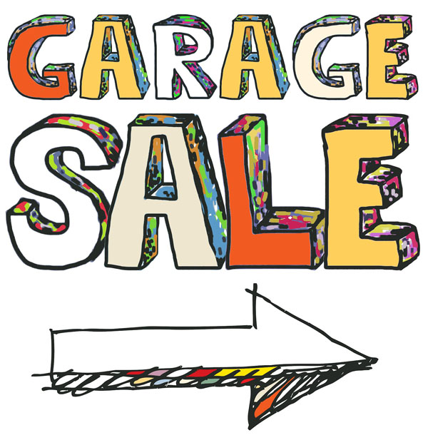 Garage sale with arrow pointing right