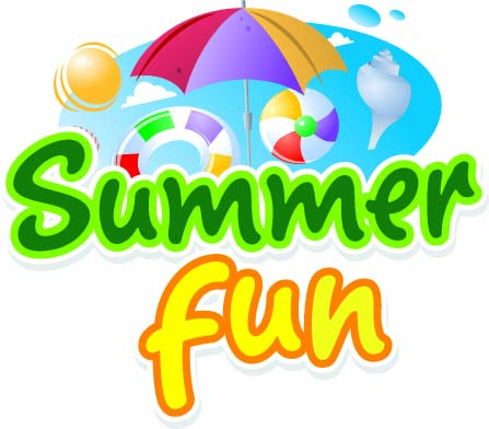 summer fun graphic with beach ball, sun, and umbrella
