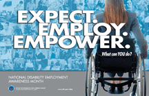 Poster for NDEAM showing female employee in a wheelchair- Expect. Employ. Empower.