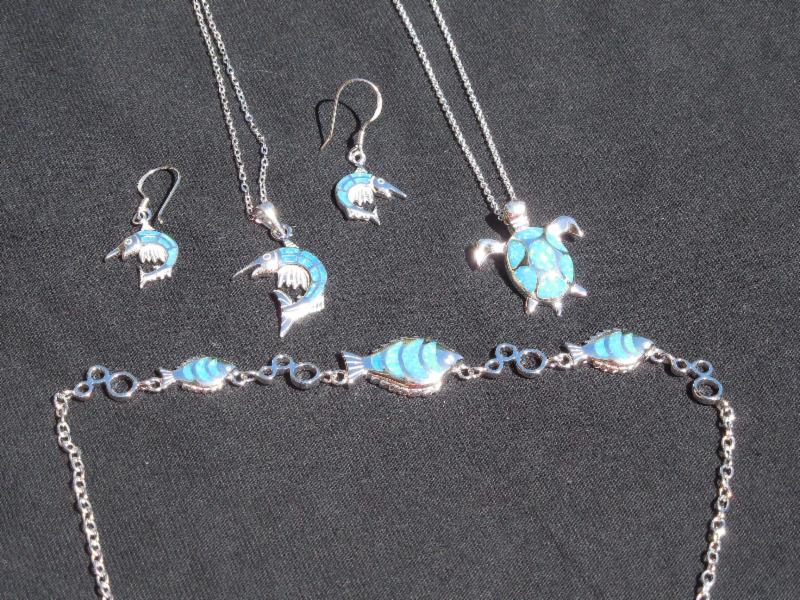 Silver billfish opal set, turtle pendant and fish pendant